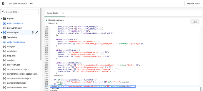 pasting popupsmart embed code to the Shopify store