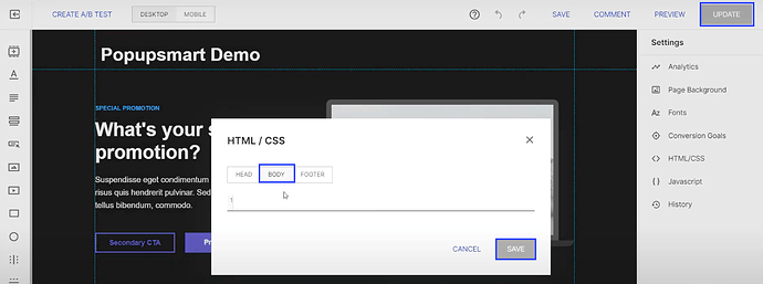 Pasting Code to Body Part on Instapage