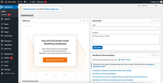 wordpress site dashboard screen