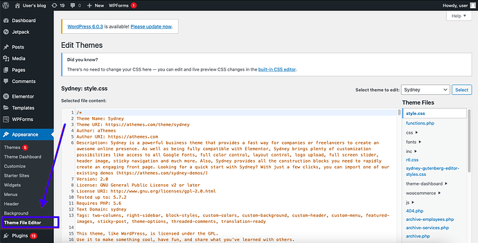 theme file editor in wordpress dashboard