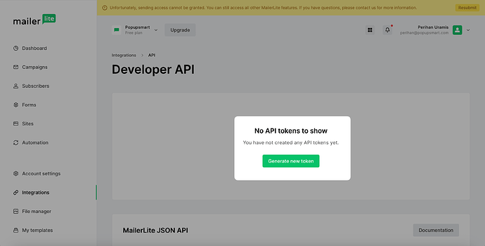 Popupsmart - Generate New Token MailerLite|autoxauto