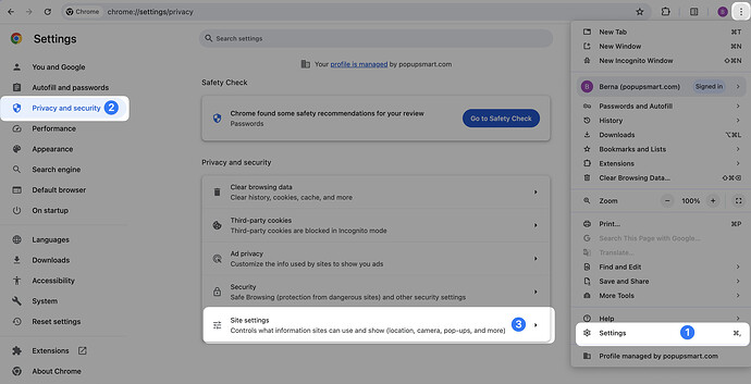 going to settings and privacy and security on Google Chrome