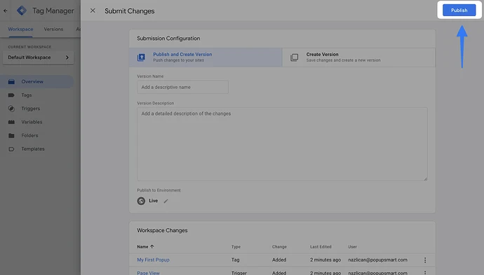 publish button on tag manager