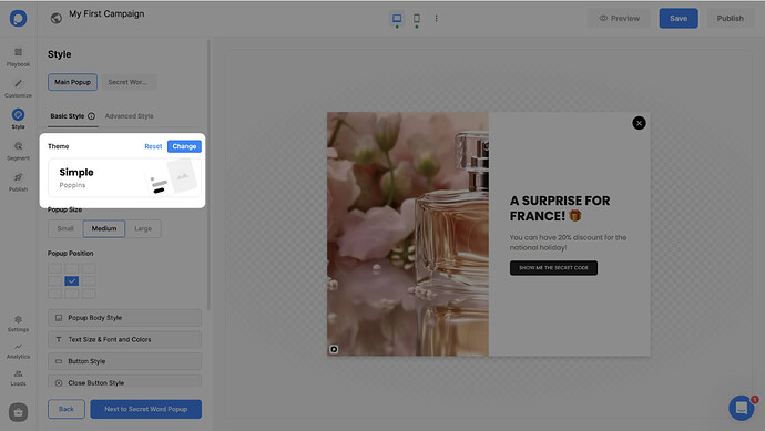 Popupsmart popup builder interface showing the Theme Engine feature as highlighted on the left and a popup with and image of a perfume bottle with flowers behind along with a text about a surprise to France