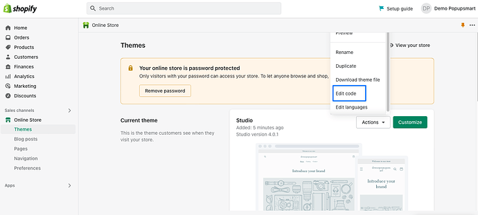 edit code section in Shopify dashboard