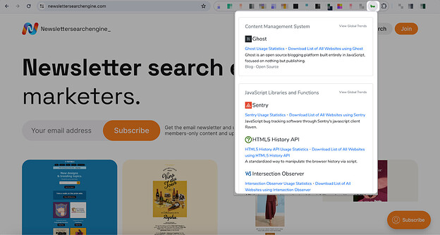 the BuiltWith extension of Newslettersearchengine