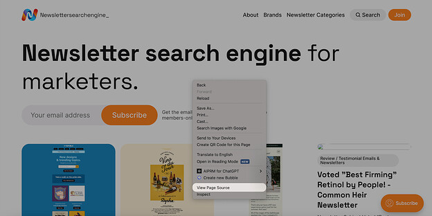 View Page Source on Newslettersearchengine