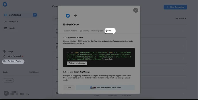 embedcode modal gtm tab