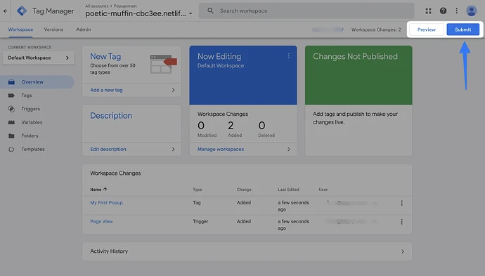 submit button on tag manager