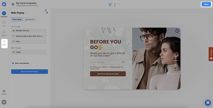 save and click the publish step of a big cartel popup