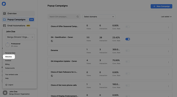 websites section in the popup builder