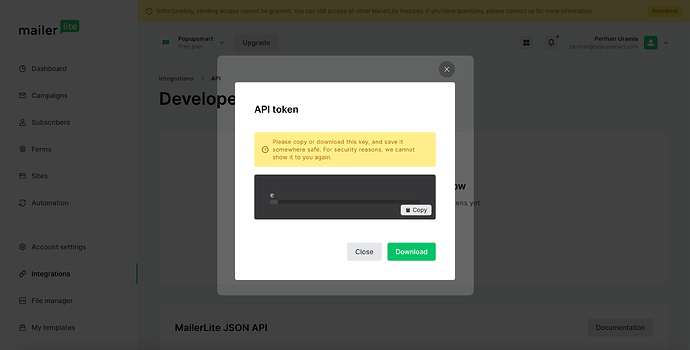 Popupsmart - Copy API Token MailerLite|autoxauto