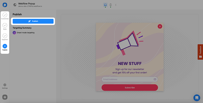 publishing webflow popup