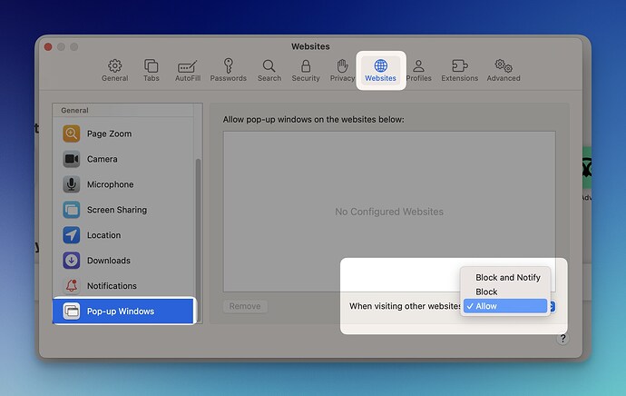 adjusting Safari settings to allow popups on macOS