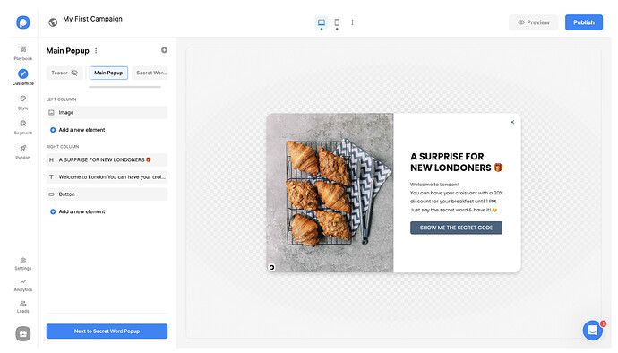 Popupsmart popup builder interface with customization elements on the lefthand panel and a popup preview displaying an image of croissants on the right along with a text offering a surprise to new Londoners