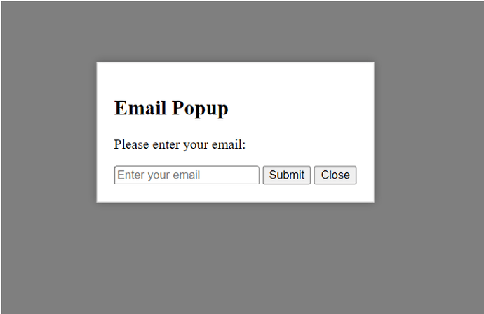 a sample email popup view on the website