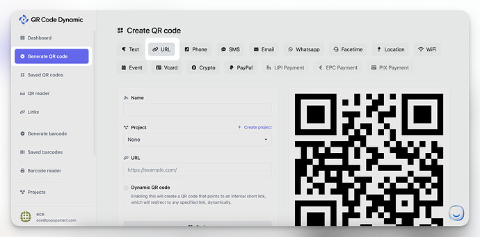 a screenshot of selecting URL QR code on QRCodeDynamic