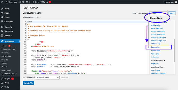 footer file in the file editor