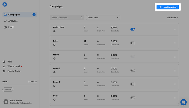 Popupsmart New Campaign Button