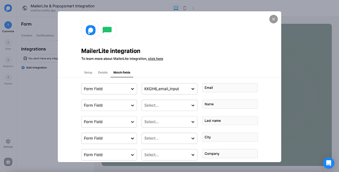 Popupsmart - Match Fields MailerLite|autoxauto