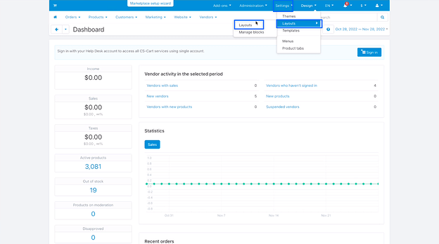 settings and layouts section on cs cart