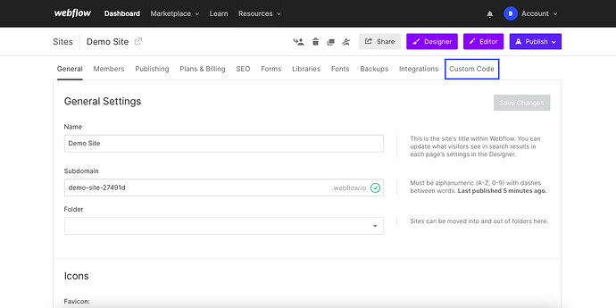 clicking the custom code part on webflow