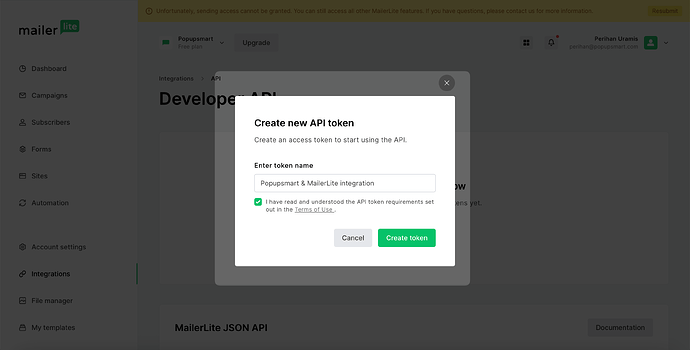 Popupsmart - Create Token MailerLite|autoxauto