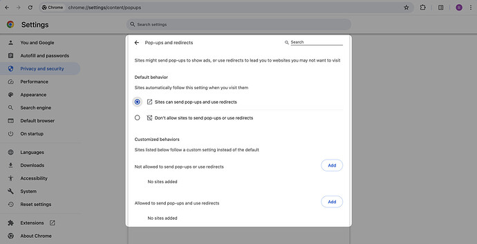 adjusting popups and redirects settings on Google Chrome