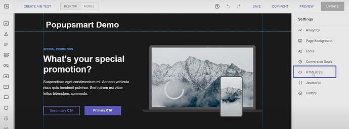 Selecting HTML/CSS on Instapage